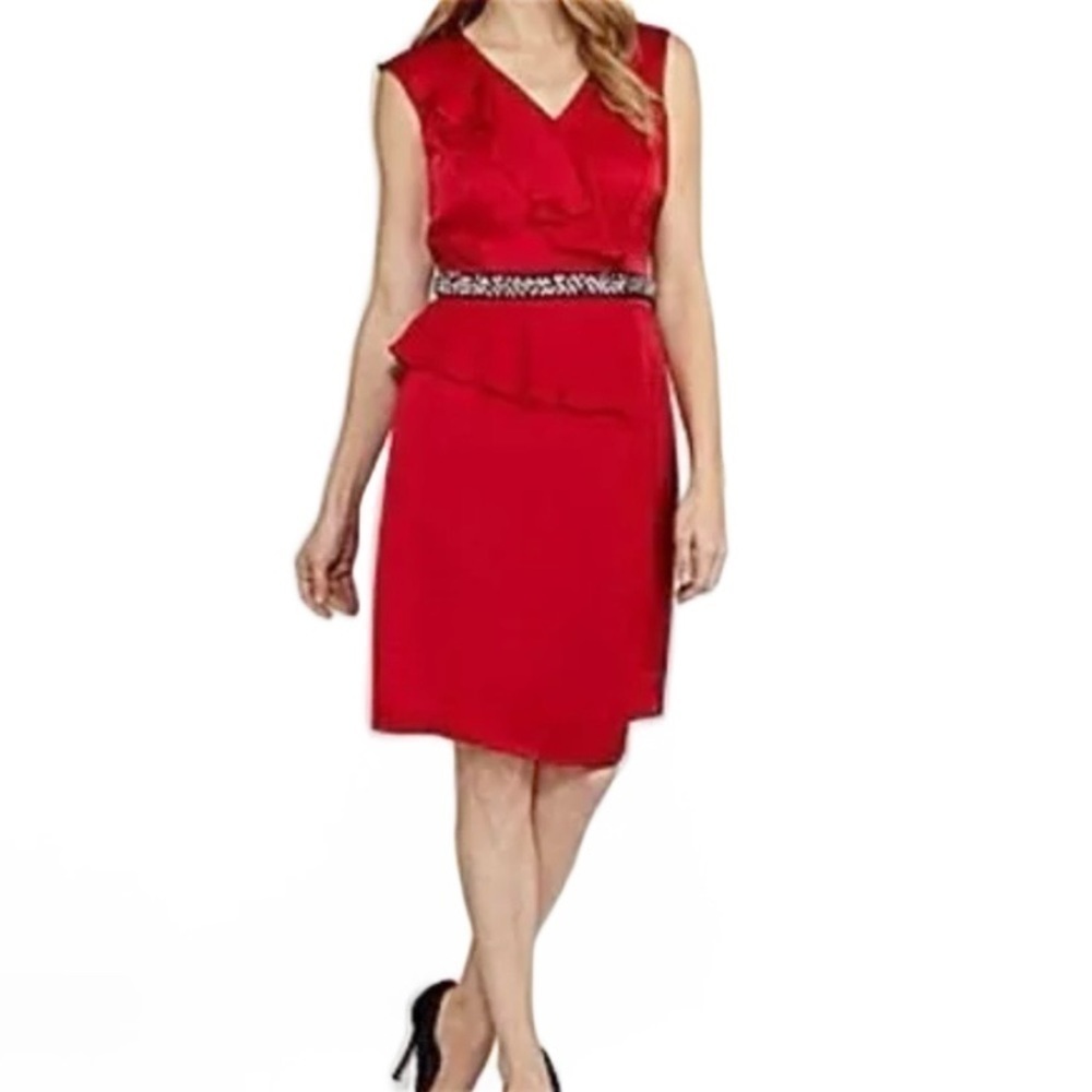 NWT Antonio Melani Claudette Red Midnight Muse Ruffle Sheath Beaded Midi Dress